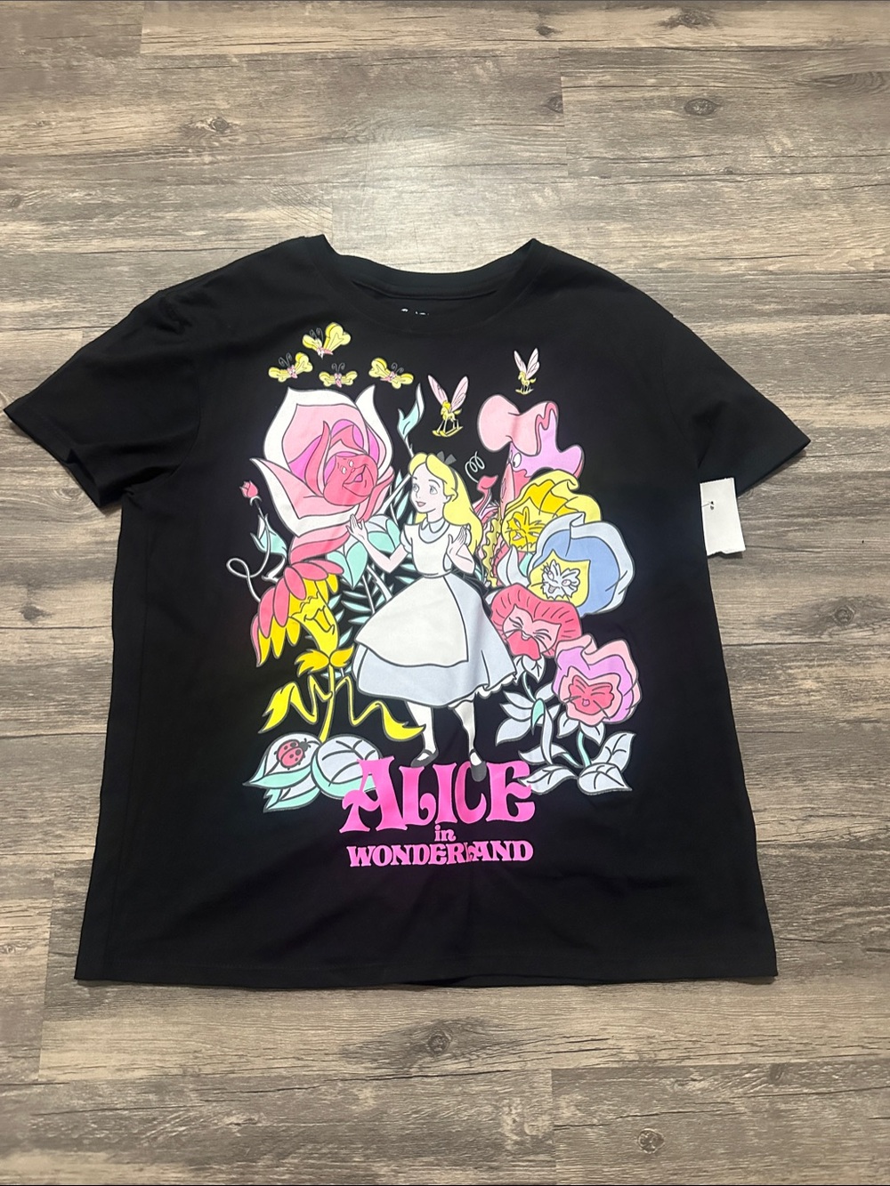 Disney Alice in Wonderland Garden Flowers Black T-Shirt size Medium